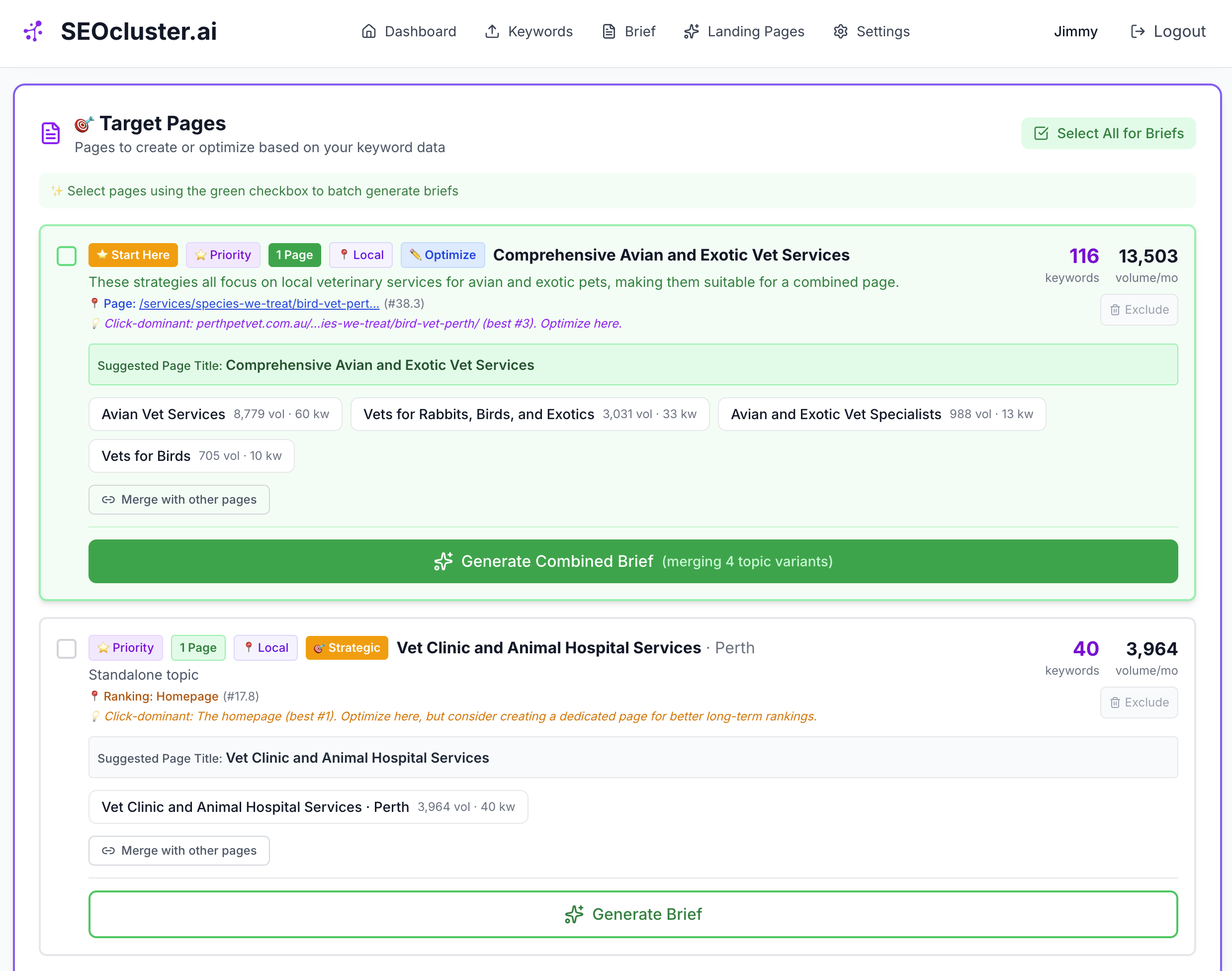 SEOcluster.ai target pages showing AI-merged Comprehensive Avian and Exotic Vet Services combining 4 topic clusters into one 116-keyword target page with 13,503 monthly search volume for a local veterinary website