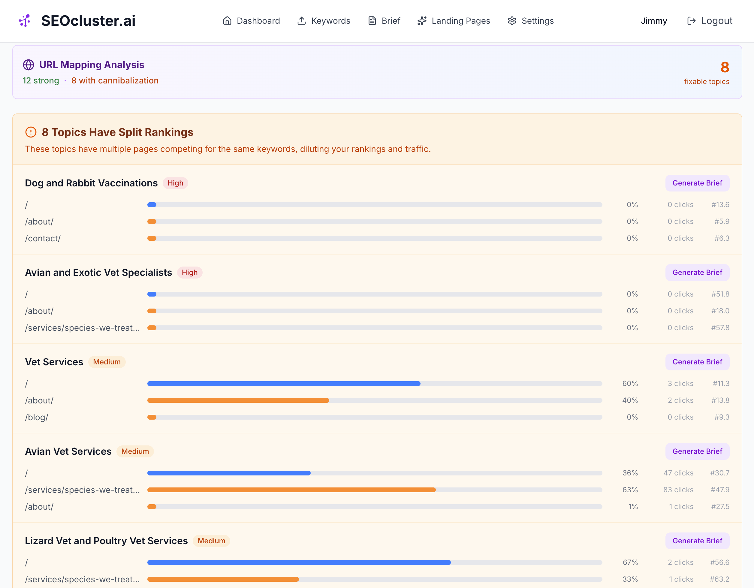 SEOcluster.ai cannibalization report showing 8 topics with split rankings, competing URLs with click-share distribution bars, severity levels (High and Medium), and position data