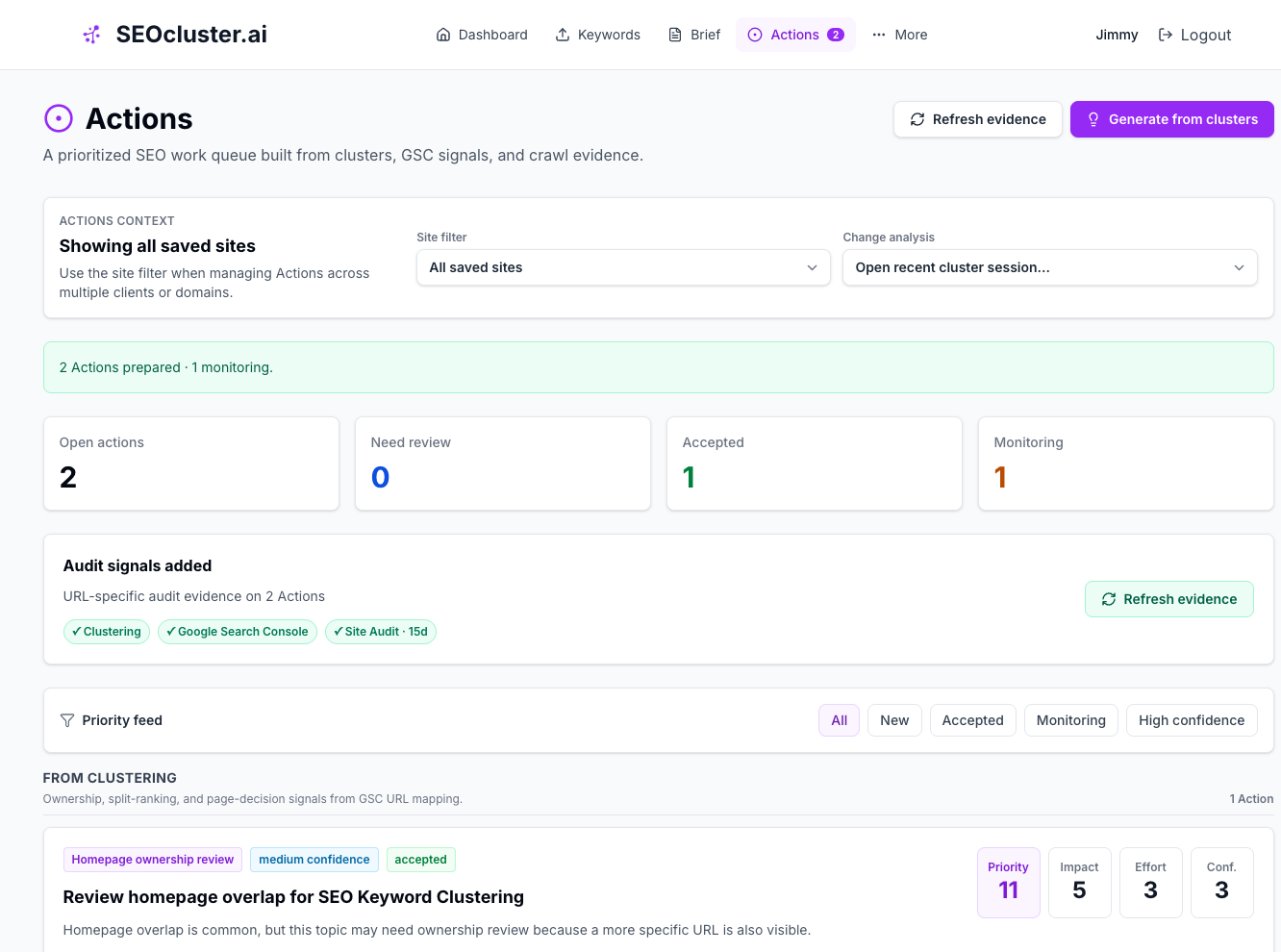SEOcluster.ai Actions queue generated from clustering, GSC, and audit evidence