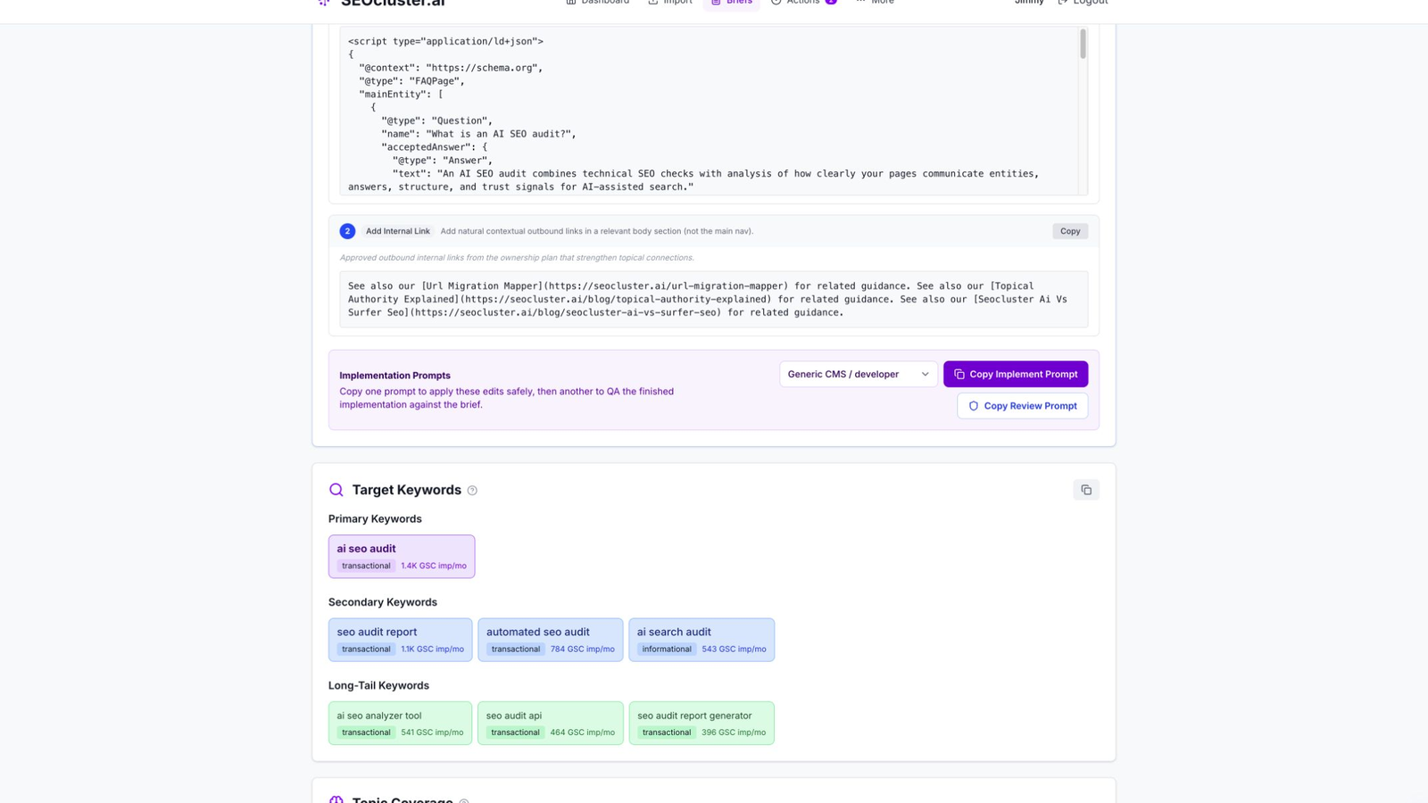 SEOcluster.ai Page Edits with copy-paste patches for title, schema, and internal links on an existing URL
