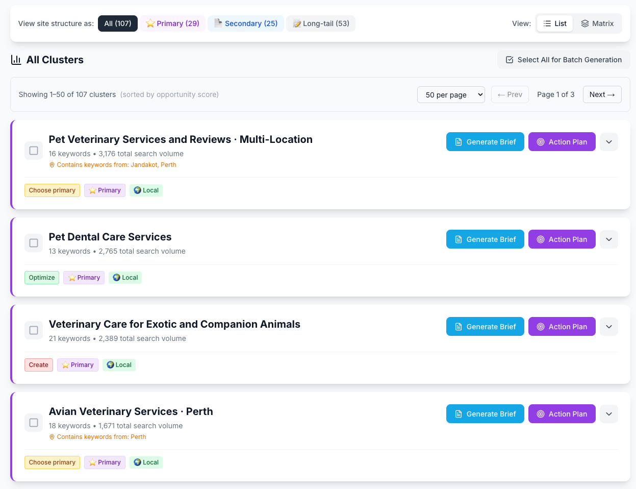 Semantic keyword clusters list view showing GSC queries grouped by search intent - each cluster represents a single page opportunity with impressions and clicks data