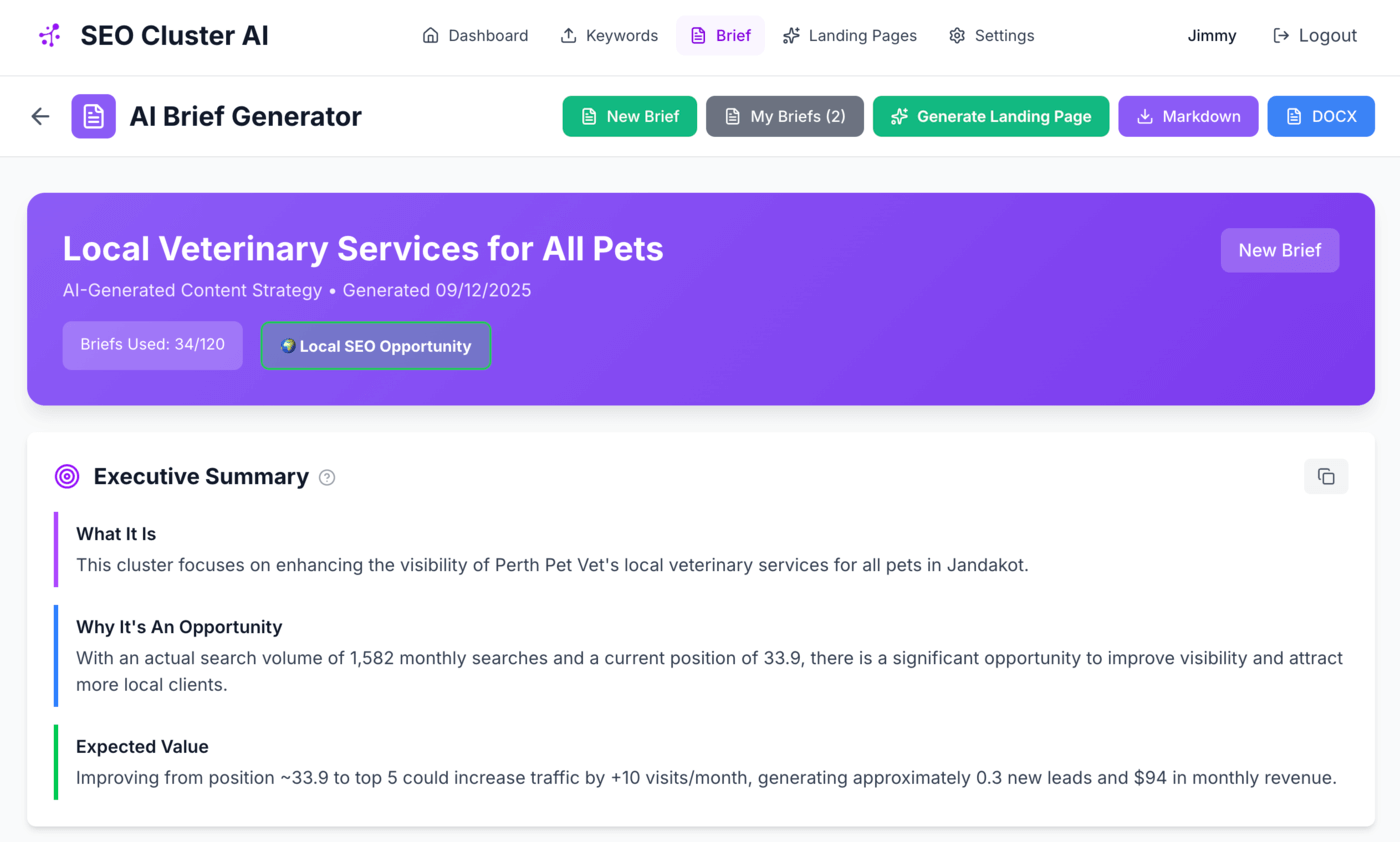 AI-generated SEO content brief with executive summary, page structure, FAQs, and schema recommendations.