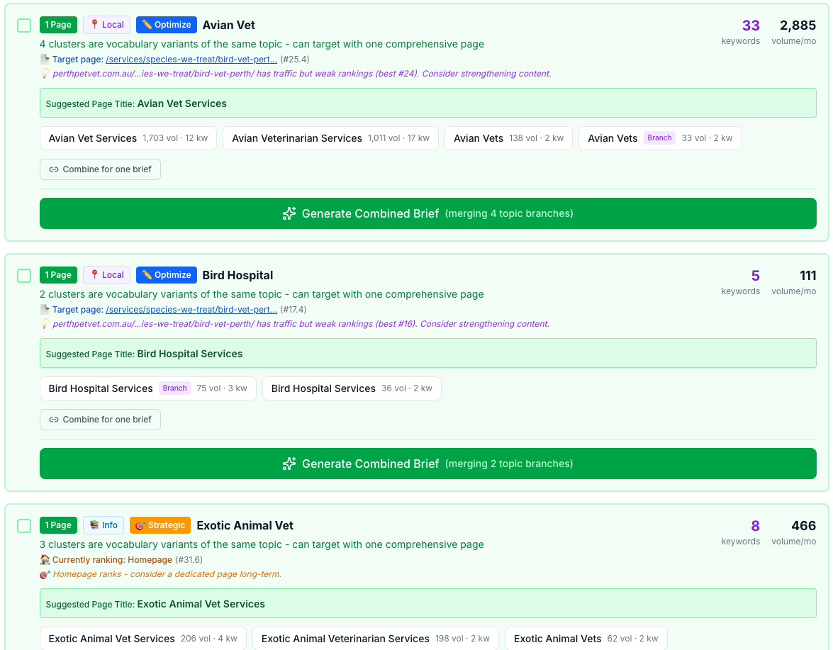 SEO Cluster AI Target Pages dashboard showing recommended pages to create, optimize, or merge with topic branches, search volume, and existing URL mapping